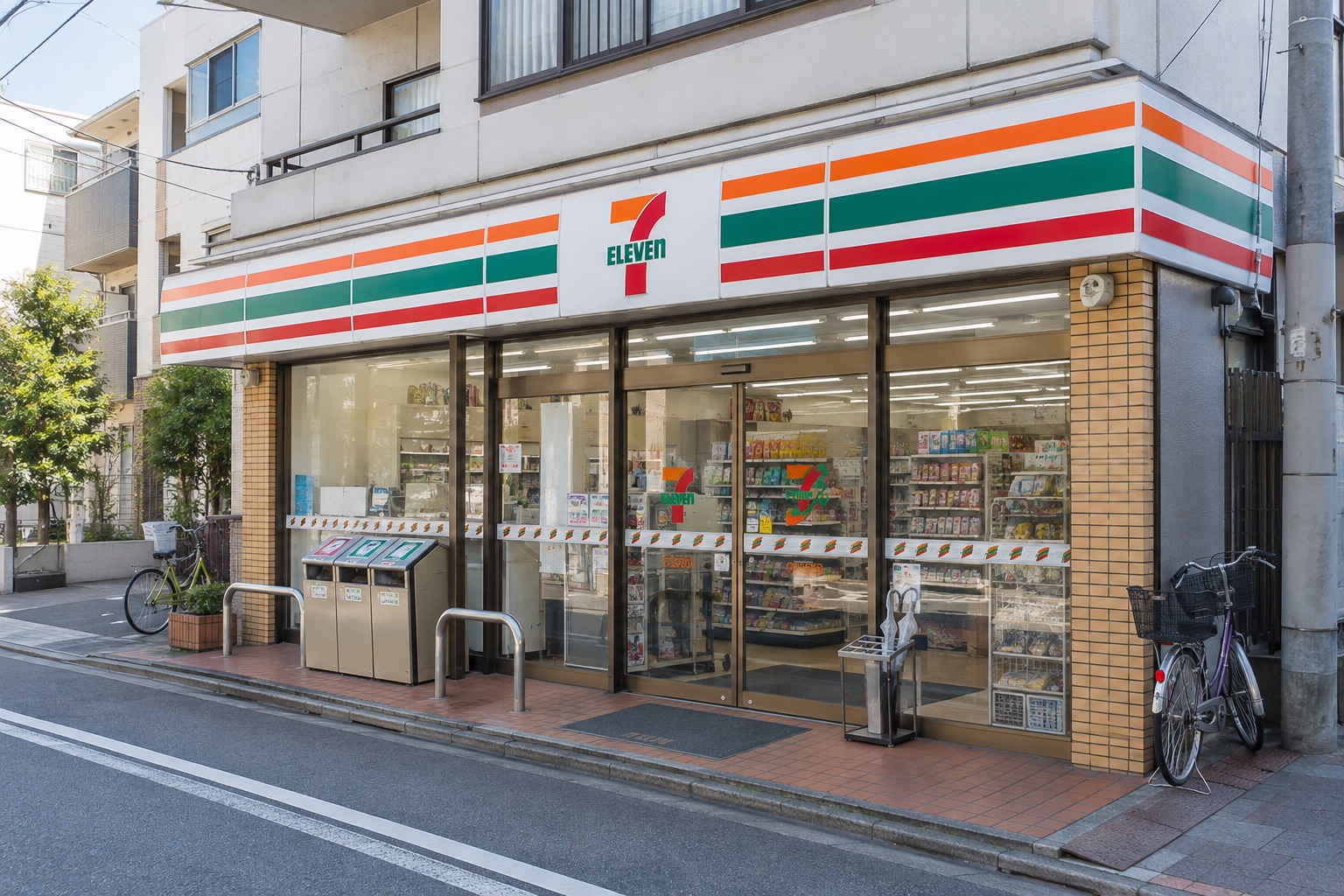 A 7-Eleven convenience store on a quiet neighborhood street in Tokyo