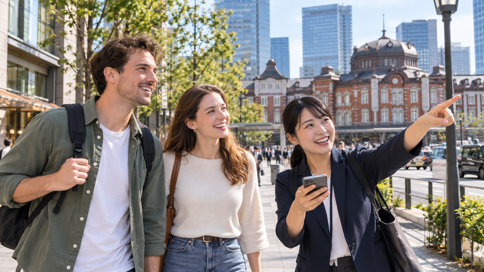 A Japanese local guide showing two travelers around Tokyo Station