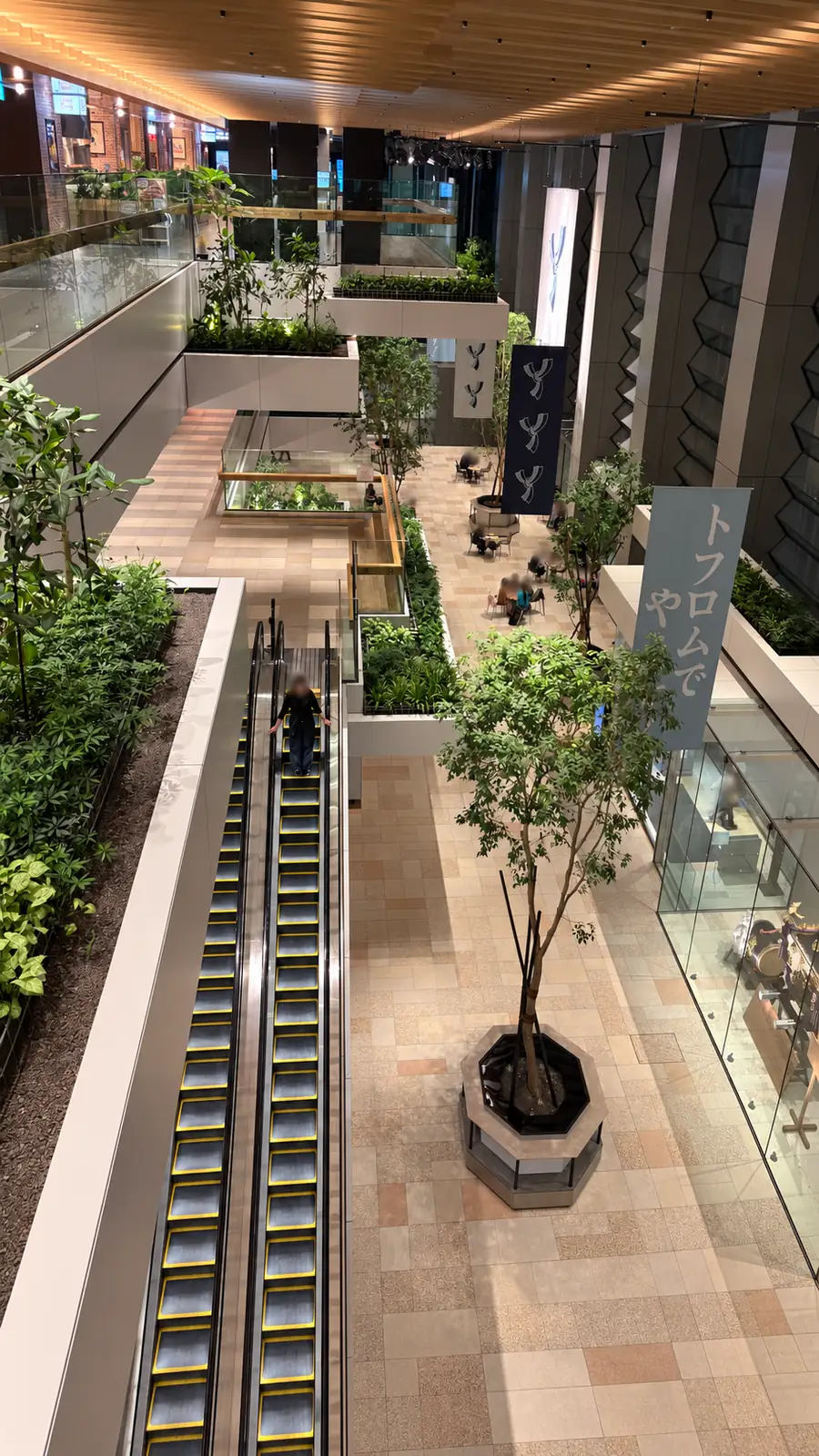 View from the third floor over the planted TOFROM YAESU atrium and escalators